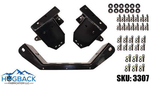 Black metal heavy-duty mounting brackets and hardware kit with washers, nuts, and bolts, shown on a white background with the HOGBACK FABRICATION LLC logo and SKU 3307.