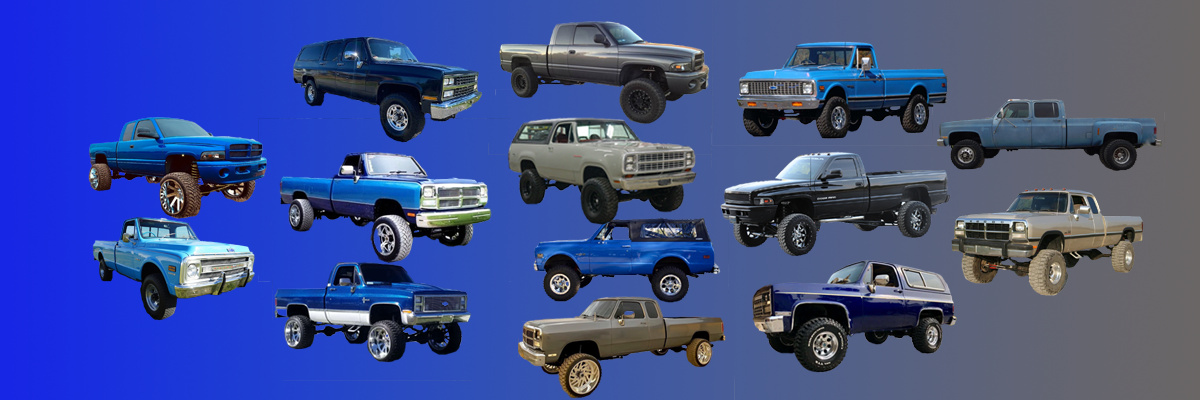 Picture of the variations of trucks dodge chevy blazer d350 suburban one ton cummins d250 d150 silverado k20 k30 first gen dodge