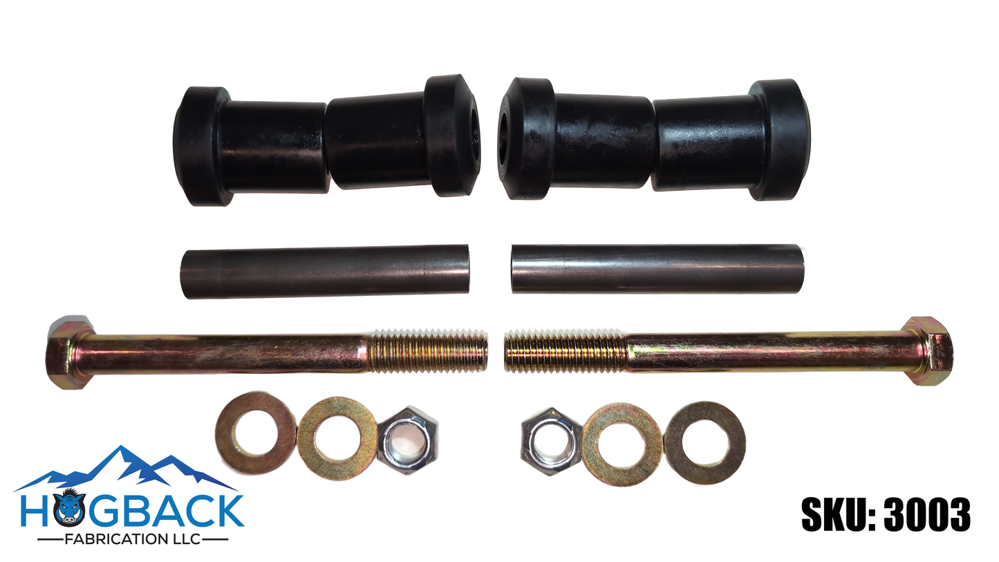 A hardware kit containing black cylindrical bushings, two long threaded steel bolts, two metal rods, and several washers and nuts, displayed on a white background with the HUGBACK FABRICATION LLC logo and SKU 3003.
