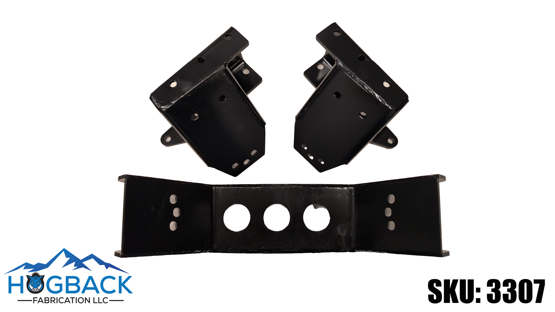 Black metal mounting brackets set with two upright brackets and one horizontal bracket with three circular cutouts, shown on a white background with the Hogback Fabrication logo and SKU 3307.