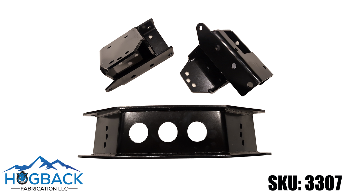 Three black metal mounting brackets shown on a white background, with the brand logo 'HOGBACK FABRICATION LLC' in the lower left and 'SKU: 3307' in the lower right.