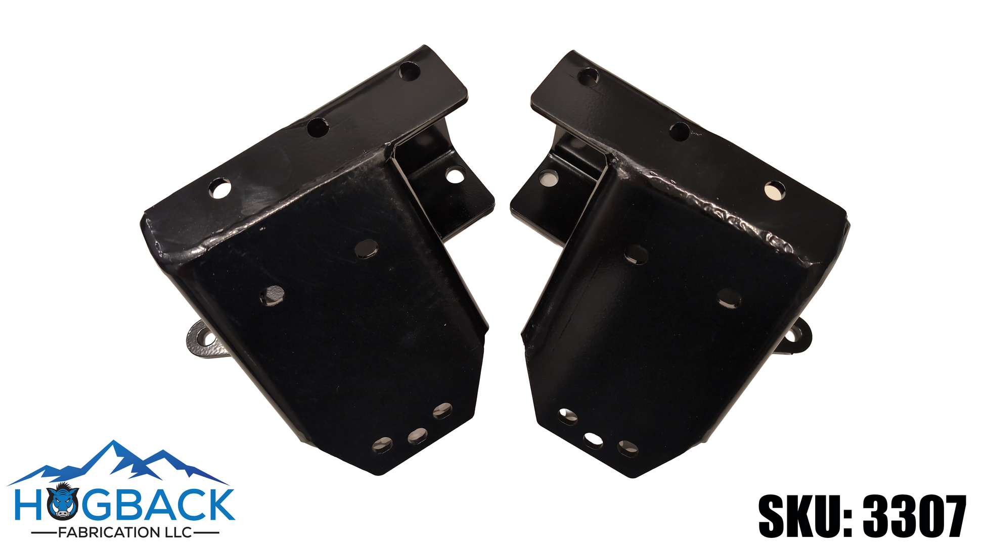 A pair of black metal mounting brackets shown on a white background, with the HOGBACK FABRICATION LLC logo in the bottom left and SKU: 3307 in the bottom right.