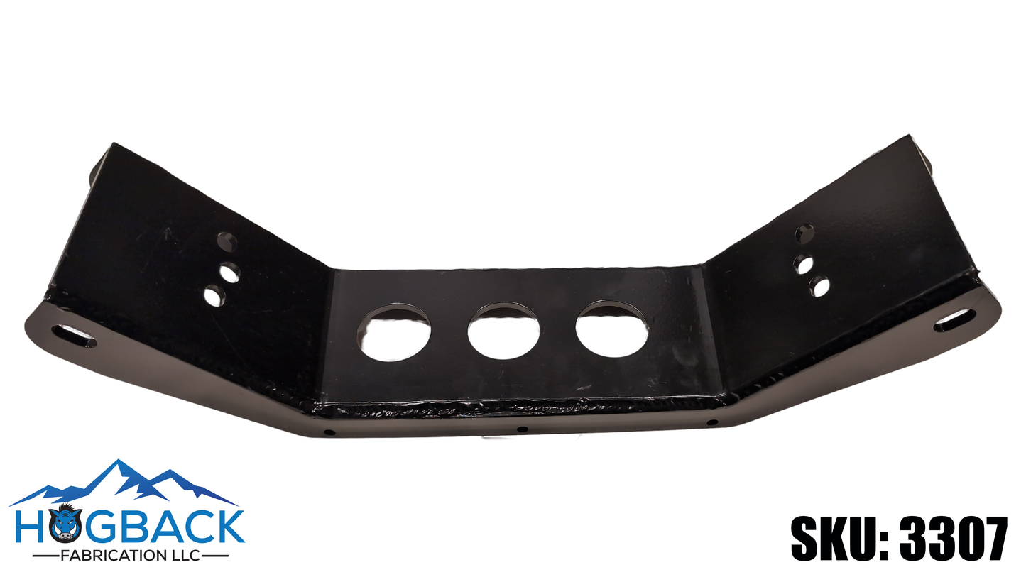 A black metal mounting bracket with three circular cutouts in the center, shown on a white background with the HUGBACK FABRICATION LLC logo and SKU 3307.