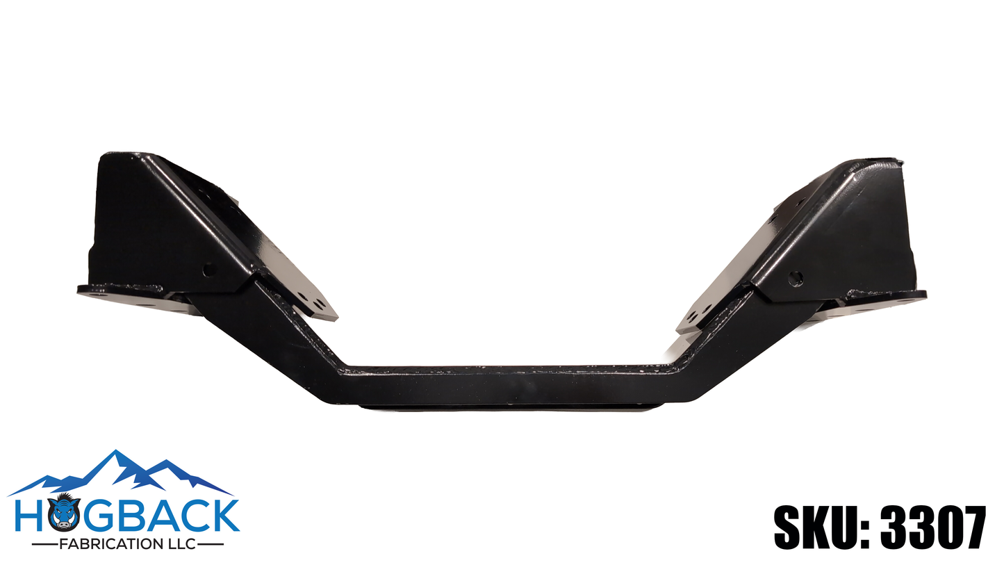 A black metal mounting bracket or frame component shown on a plain white background, with the HUGBACK FABRICATION LLC logo in the lower left and SKU text 3307 in the lower right.