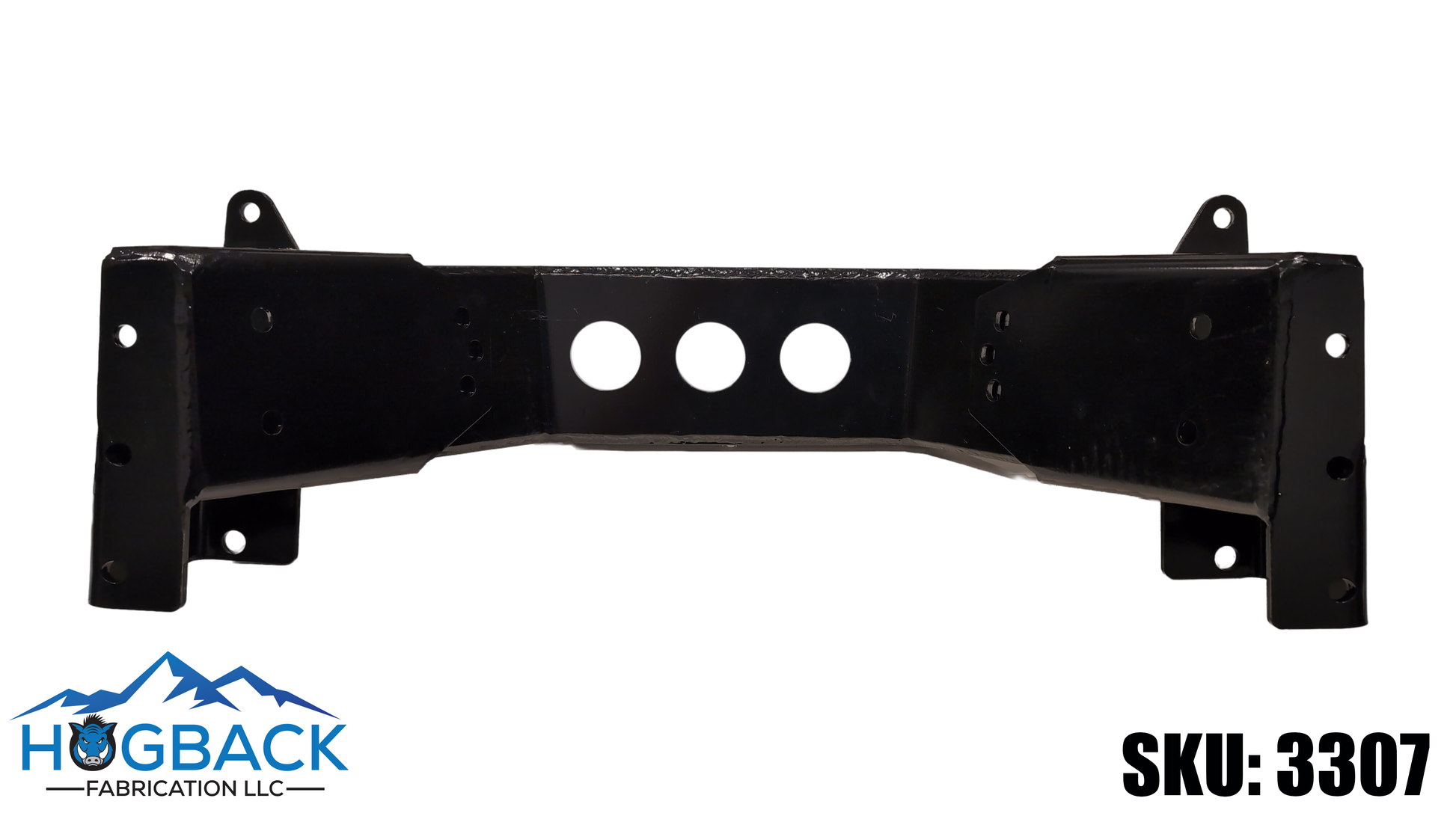 A black metal hitch receiver bracket with three circular cutouts in the center, shown against a white background with the HUGBACK FABRICATION LLC logo and SKU: 3307 text.