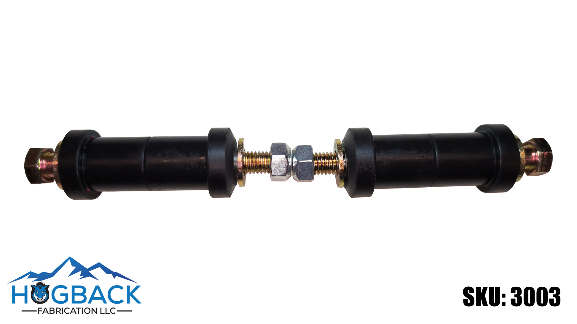 A black metal suspension bar with a central threaded rod and nut assembly, shown on a white background with the Hogback Fabrication LLC logo and SKU 3003.