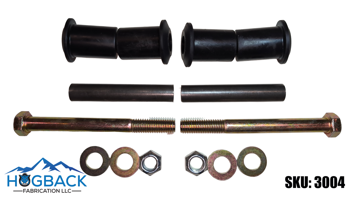 A hardware kit with black rubber bushings, two long metal pins, two long threaded bolts with washers, and four washers, shown on a white background with the HUGBACK FABRICATION LLC logo and SKU 3004.